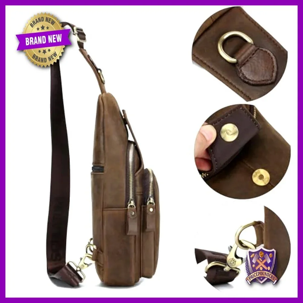 Genuine Leather Sling Bag Vintage Luxury Casual Daypack Adjustable Strap - Picture 3 of 7